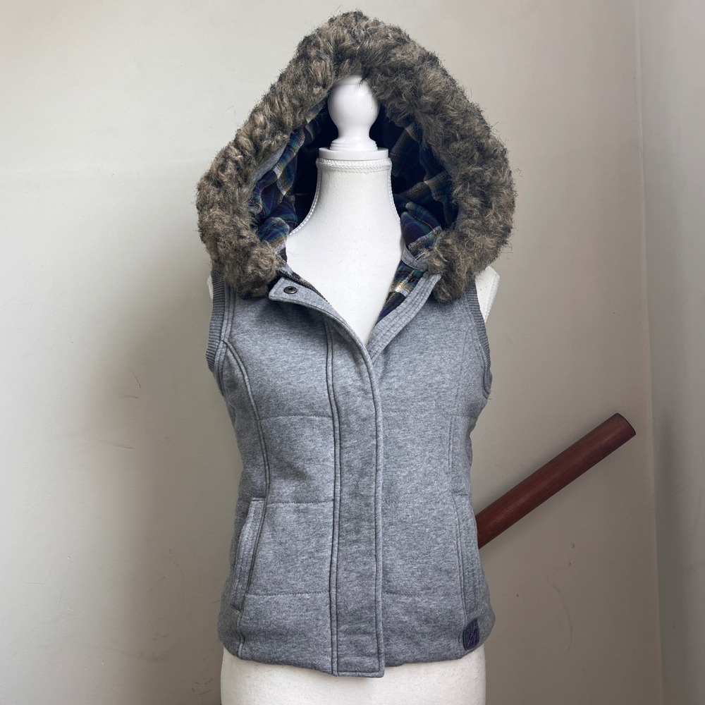 Vintage Y2K Aeropostale Hooded Puffer Vest Medium Gray Faux Fur‎ Trim Preppy